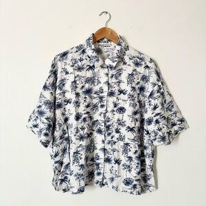 Abercrombie & Fitch 90s Cropped Linen Blend Button Up Shirt Blue Tropical Size L